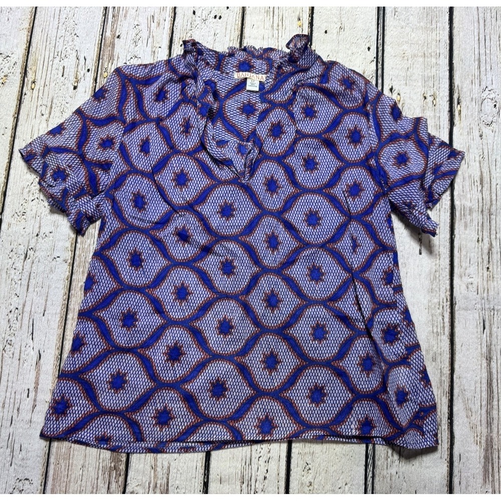 Banjanan Top Womens Small Cotton Purple Red Geometric Print Ruffle Neck Sleeves